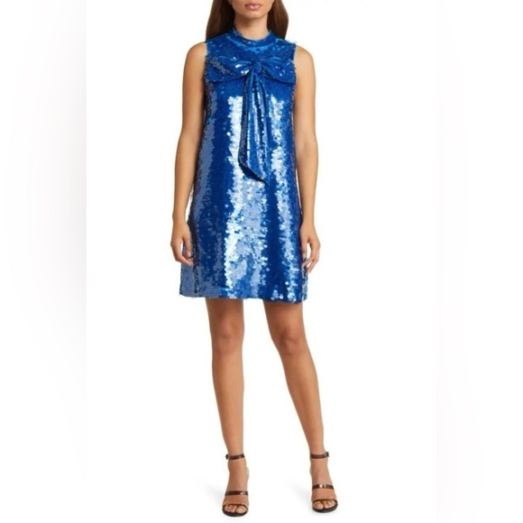 New! CIEBON Anita Bow Paillette Sequin Sleeveless Mini Shift Dress 💙 Small NWT! - Picture 3 of 15